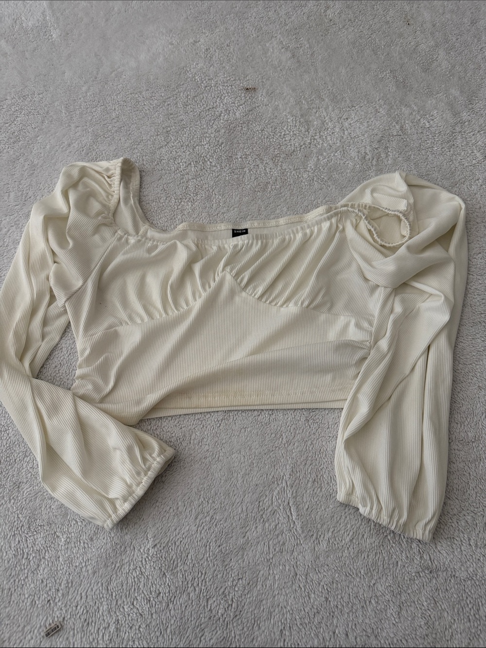 SHEIN Cream Ribbed Square-Neck Puff Sleeve Cropped Top